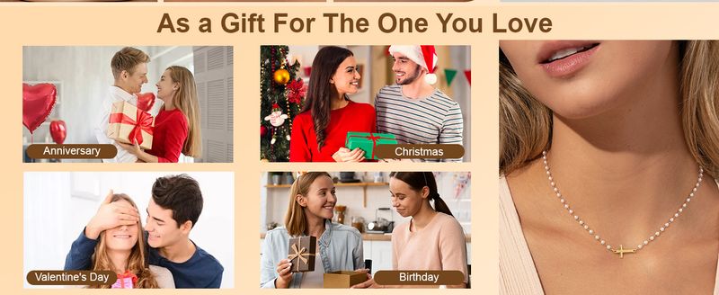 Colar de Pérolas com Cruz para Mulheres, Colar Eterno de Pérolas Douradas com Pingente de Cruz, Colar Delicado de Pérolas e Cruz, Joia Cristã para Presente_voghion.com