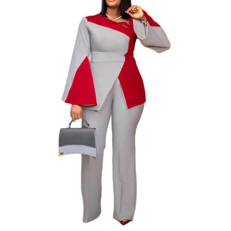 "Elegant Office Stretch Waist Flare Sleeve Suit Set - Contrast Panel Tailored Pantsuit For Women, Twisted Polyester Workwear Ensemble In Blue/_voghion.com