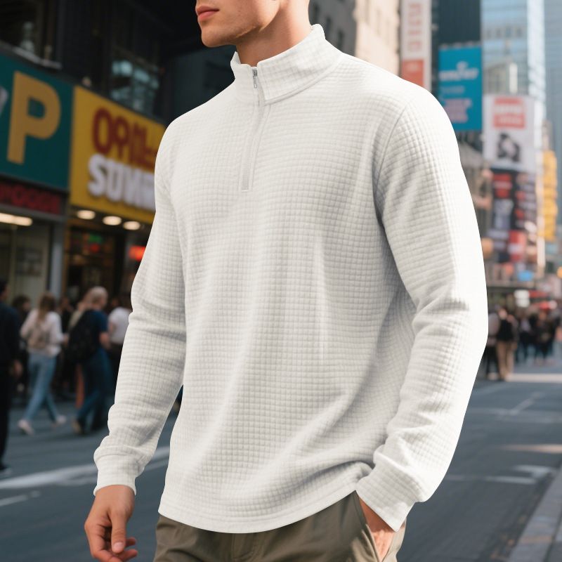 Men's Casual Pullover Sweatshirt With Jacquard Design, Stand Collar & Half-Zip, Loose Fit, Autumn/Winter Essential_voghion.com