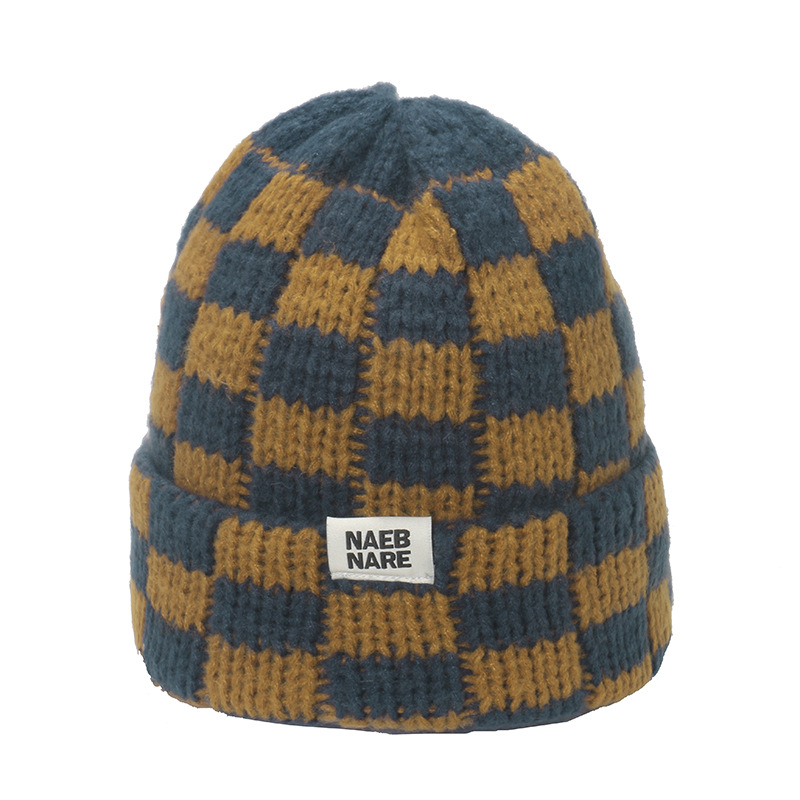 Hat Internet celebrity popular hat autumn and winter version niche large head circumference woolen hat thickened warm checkerboard plaid knitted hat_voghion.com