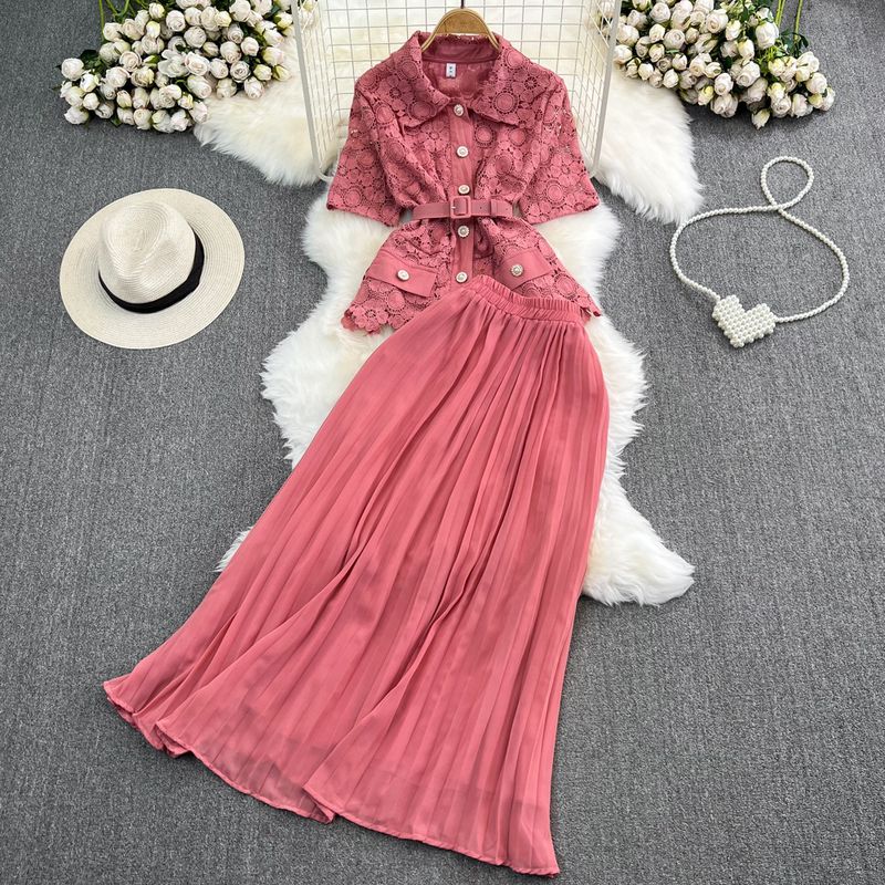 Women's light luxury lapel, loose single-breasted lace shirt, two-piece set, high-waist pleated skirt_voghion.com
