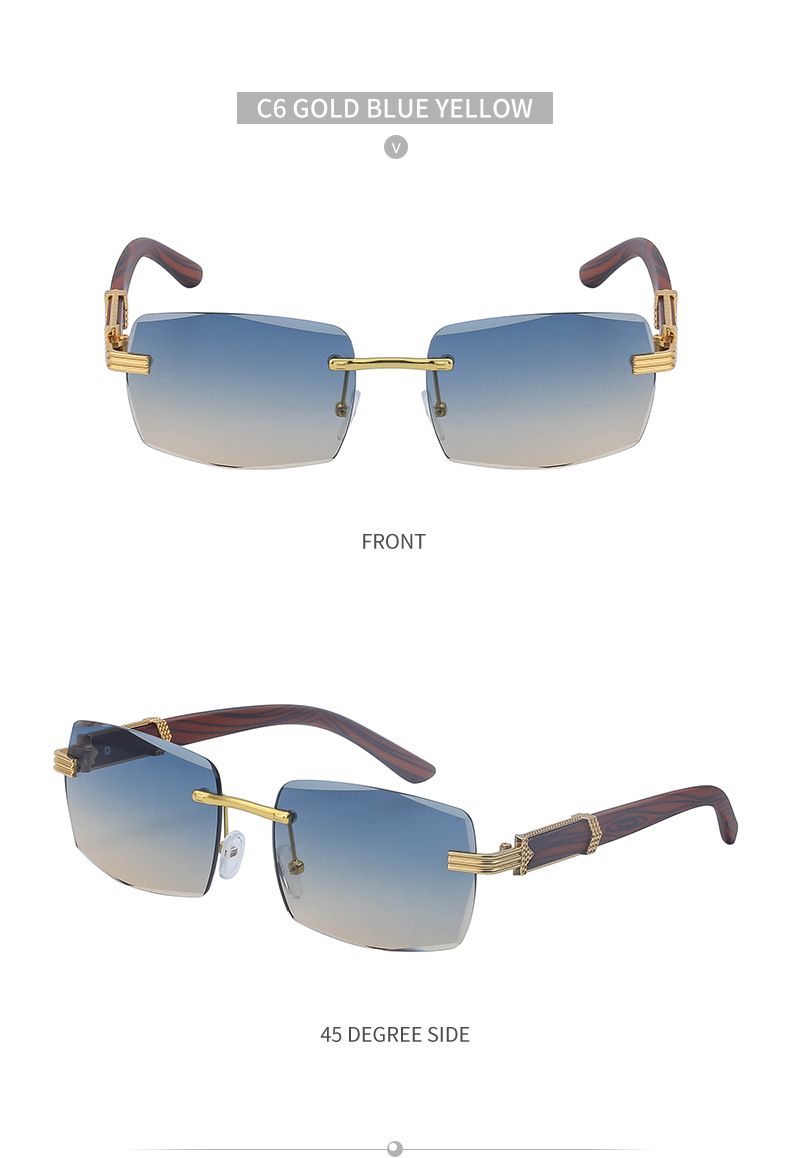 Randlose Sonnenbrille mit Schnittkante für Herren, trendige Retro-Sonnenbrille mit quadratischem Rahmen, Herren-Sonnenbrille mit Holzmaserung und Spiegelbeinen_voghion.com