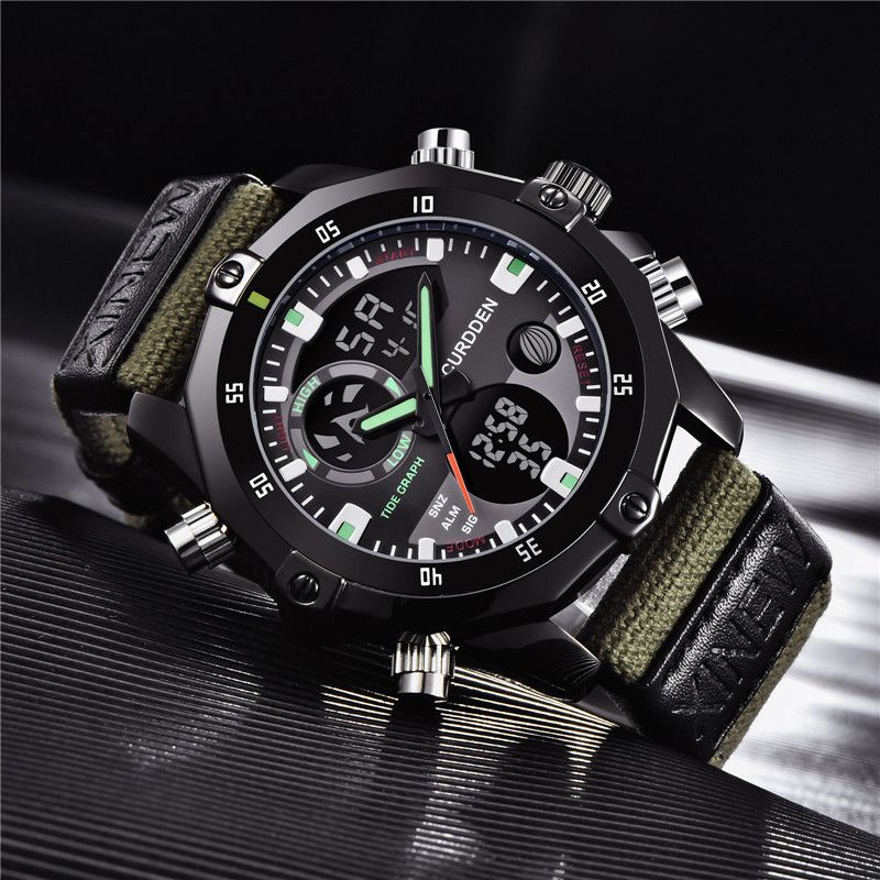 Herren-Sportuhr mit Nylonarmband – Doppelanzeige analog und digital, multifunktional mit Kalender, Alarm, GMT und Leuchtfunktion_voghion.com