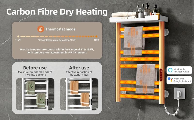 SIOYIE Heated Towel Rack With Shelf And Wi-Fi App Control, 8 Bars Electric Wall Mounted Towel Warmer With Timer & Adjustable Temperature, Low Carbon Steel, Plug-in/Hardwired, White_voghion.com