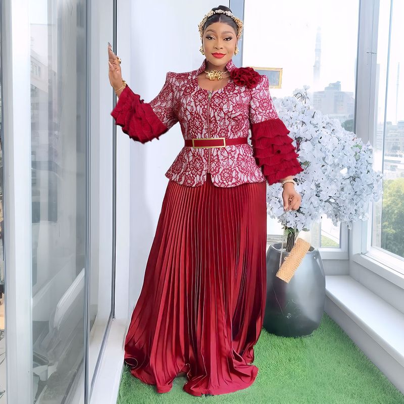 Robe longue élégante en dentelle à volants, ensemble 2 pièces, imprimé floral, robe de soirée avec taille péplum et manches courtes, robe d'invitée de mariage/tenue de bureau (rouge/bleu/nude)_voghion.com