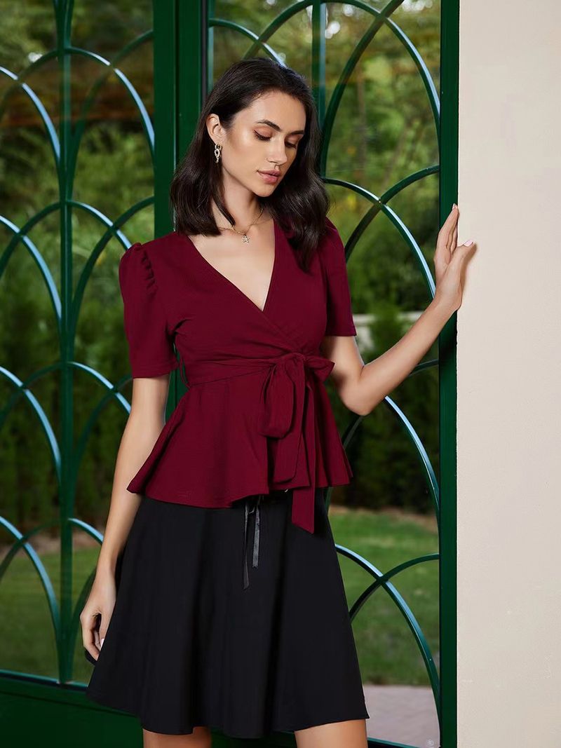 Women's Clothing Lace Belt Top T-shirt Fashion Casual Knit Style Tops_voghion.com