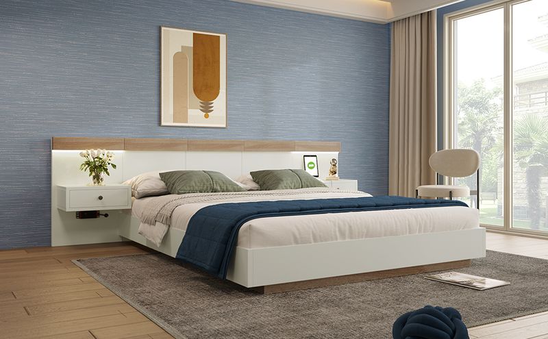 Cadre de lit Queen Size avec 2 tables de nuit LED et prise USB C, ensemble de lit en bois 180 x 200 cm avec 2 tables de nuit, mobilier de chambre complet en chêne Sonoma/blanc, dimensions 205 x 284 x 90,5 cm (L x l x H), sans matelas._voghion.com