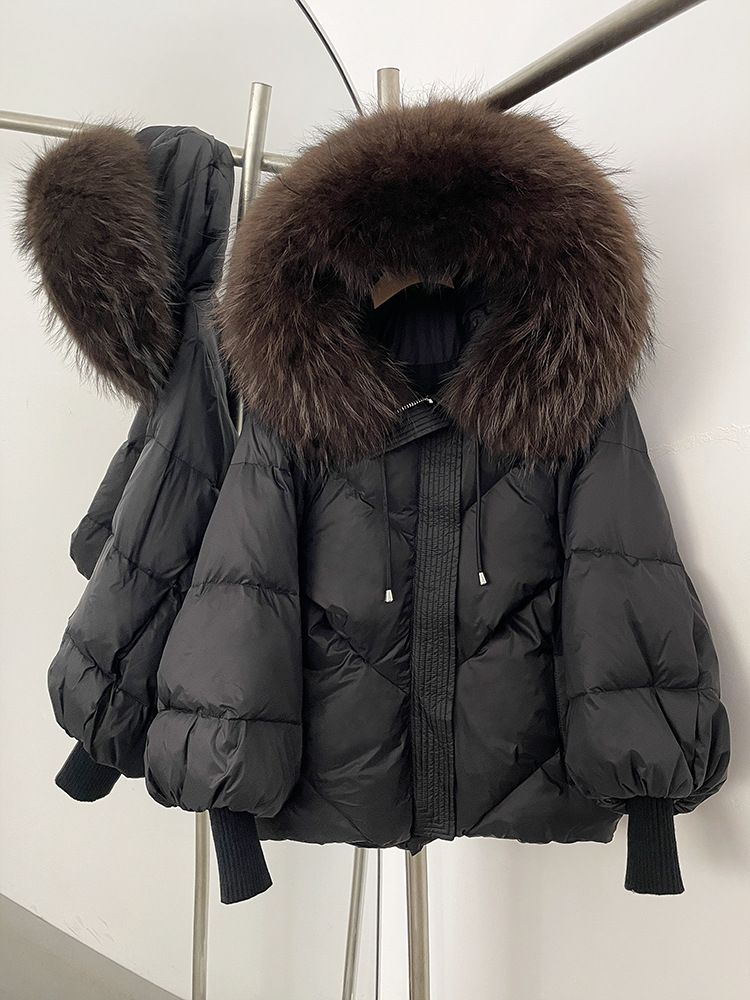 Piumino con cappuccio di alta qualità e finiture in pelliccia di procione - Giacca invernale da donna con maniche lunghe in maglia, vestibilità ampia e ultra calda, capospalla alla moda_voghion.com