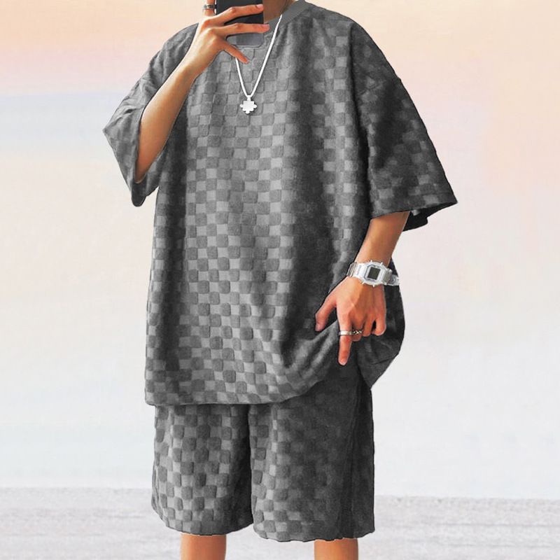 2025 American Oversize Trendy Men's Checkerboard Spring Summer Loose Sports Casual Two-Piece Set_voghion.com