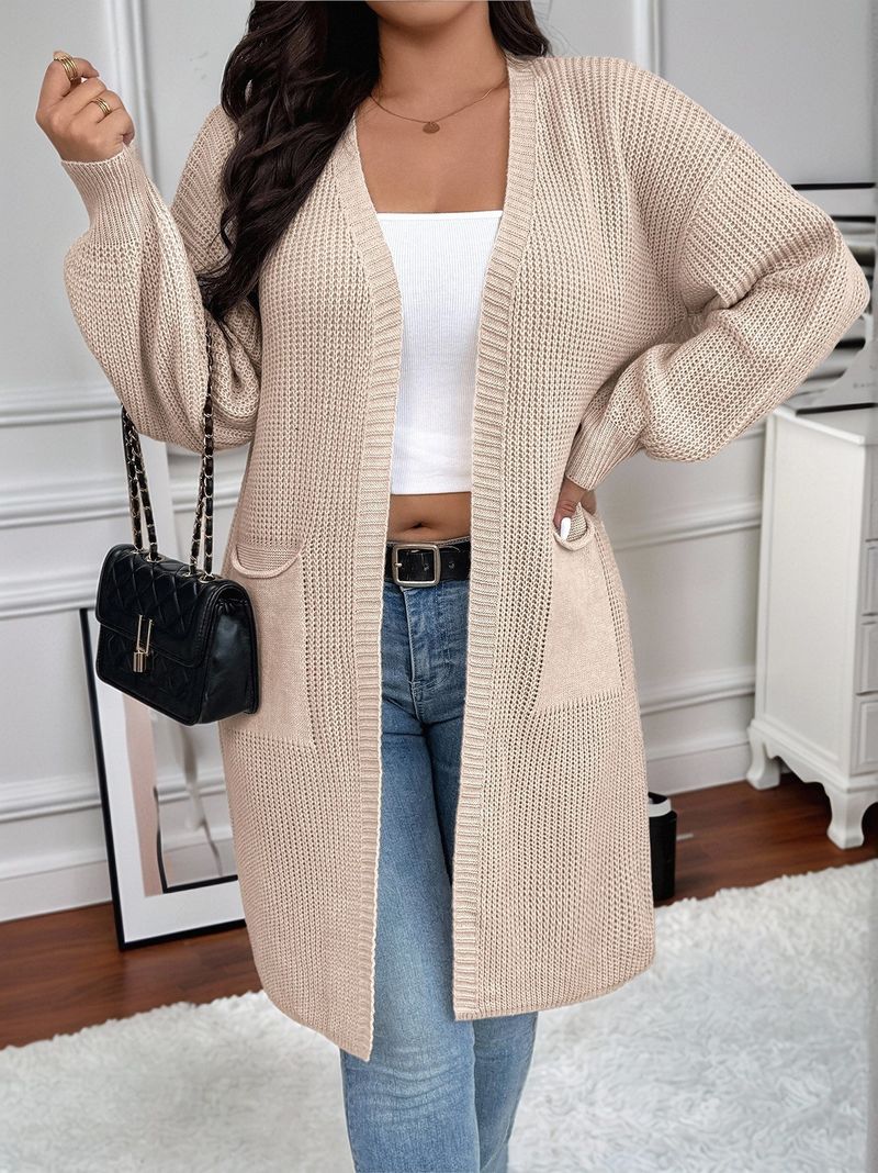 Oversized Longline Cardigan With Pockets – Relaxed V-Neck Open Front Knit Coat (Beige, Black, Brown, 0XL-3XL)_voghion.com