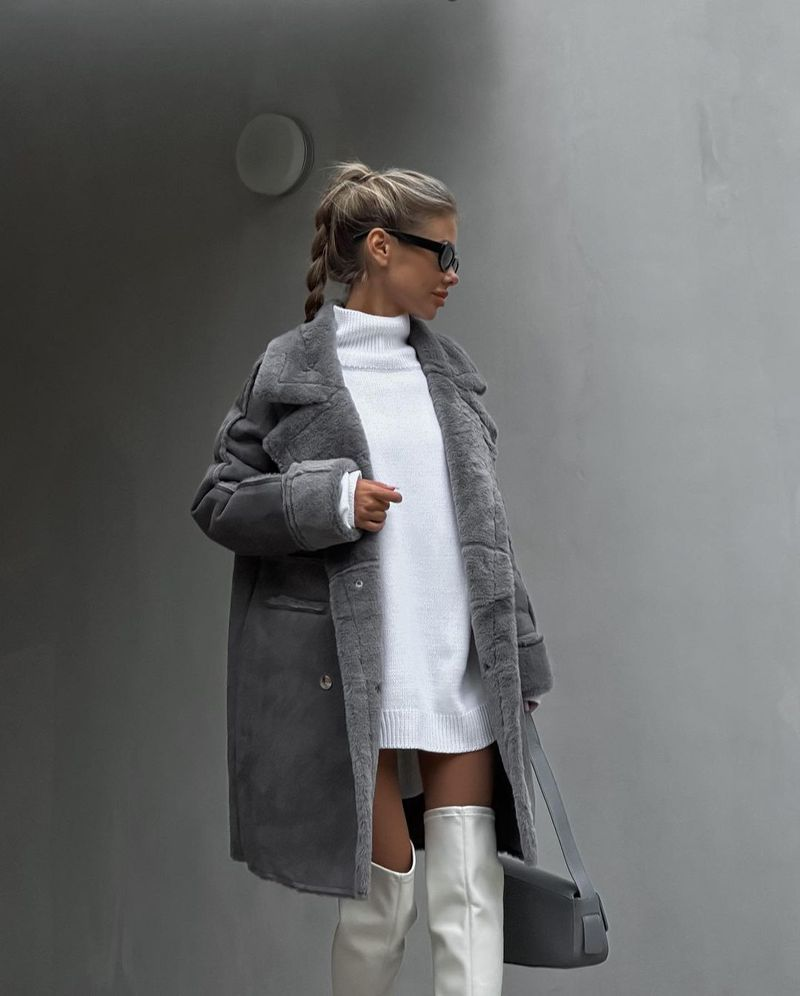 Damen-Strickjacke aus Wildleder mit Anzugkragen und langen Ärmeln und Plüschmantel_voghion.com