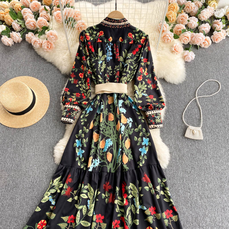 Abito da donna in stile palazzo retrò con cravatta in vita, girocollo, maniche lunghe, volant, gonna a trapezio in stile fata western_voghion.com