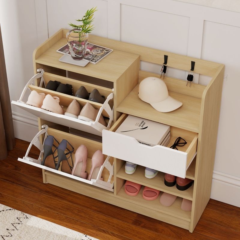 Schuhregal Natur Mit Kippschubladen, 4 Haken Für 14 Paar Schuhe_voghion.com
