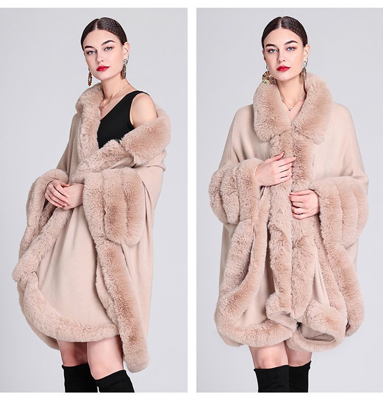 Pelerină cu guler de blană, cardigan tricotat lejer, mărime plus, pelerină pentru femei_voghion.com