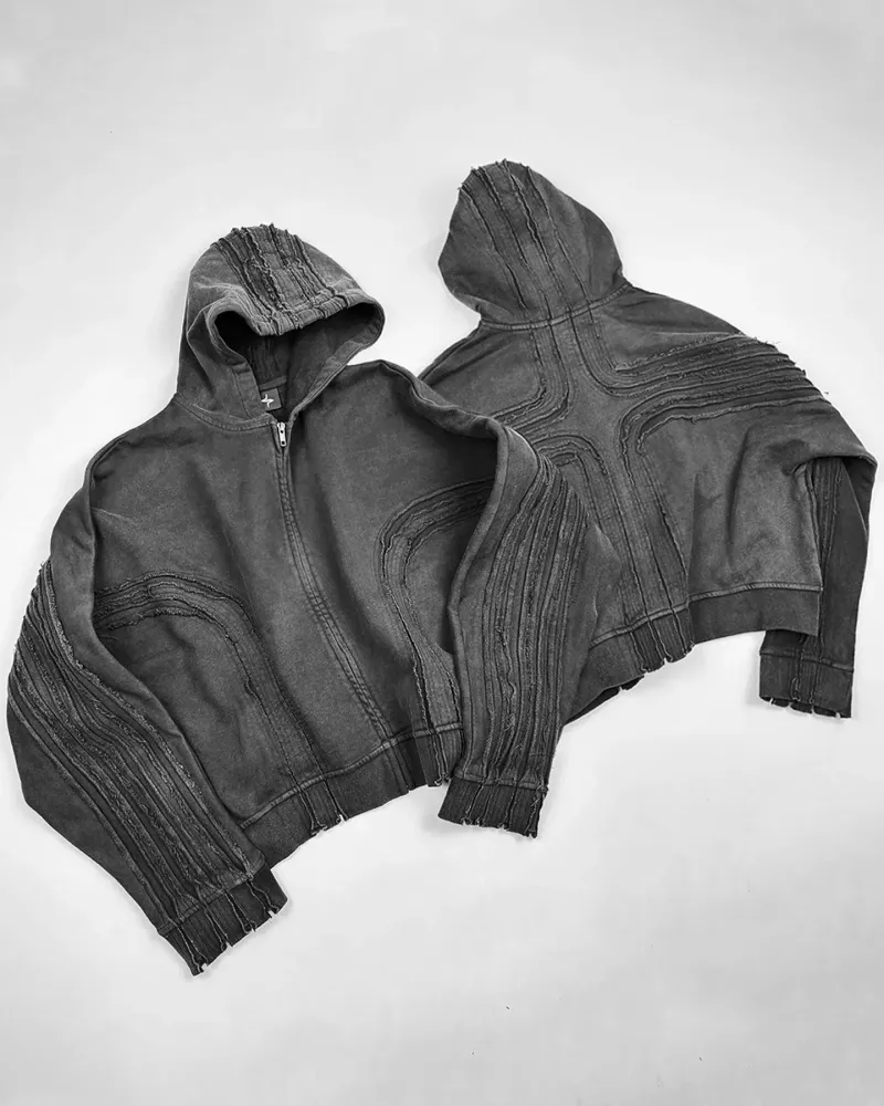 Felpa con cappuccio e cerniera patchwork retrò: felpa streetwear da uomo in stile gotico con esclusivo design a giunzioni_voghion.com