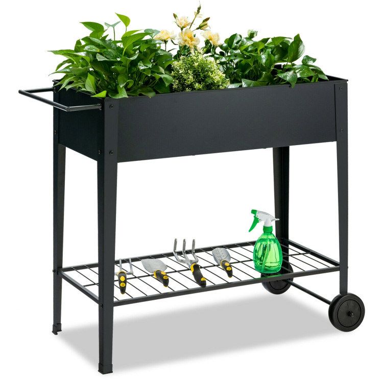 Elevated Planter Box on Wheels with Non-slip Legs and Storage Shelf_voghion.com