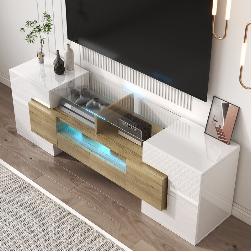 Meuble TV moderne, buffet bas blanc brillant de 145 cm avec éclairage LED, surface en verre élégante, mobilier de salon contemporain_voghion.com