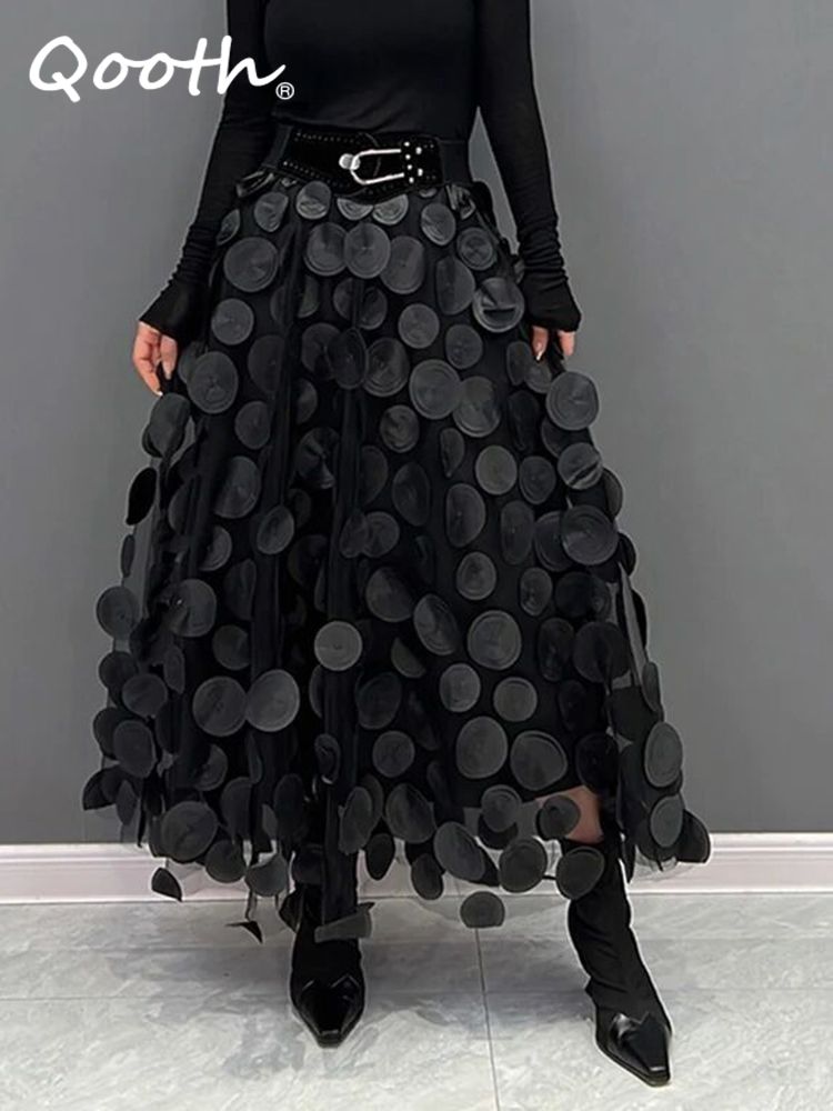 hot selling Qooth Women Polka Dot 3D Design Tulle Mesh Vintage Elastic Waist Long A-line Tutu Skirt QT2176_voghion.com