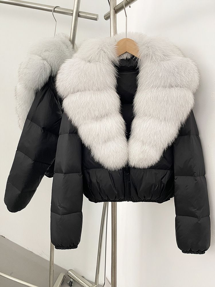 Women's Winter Down Jacket With Detachable Fox Fur Collar, Short Puffy Coat, 96% White Duck Down, Polyester Shell, Black & Beige, S/M_voghion.com