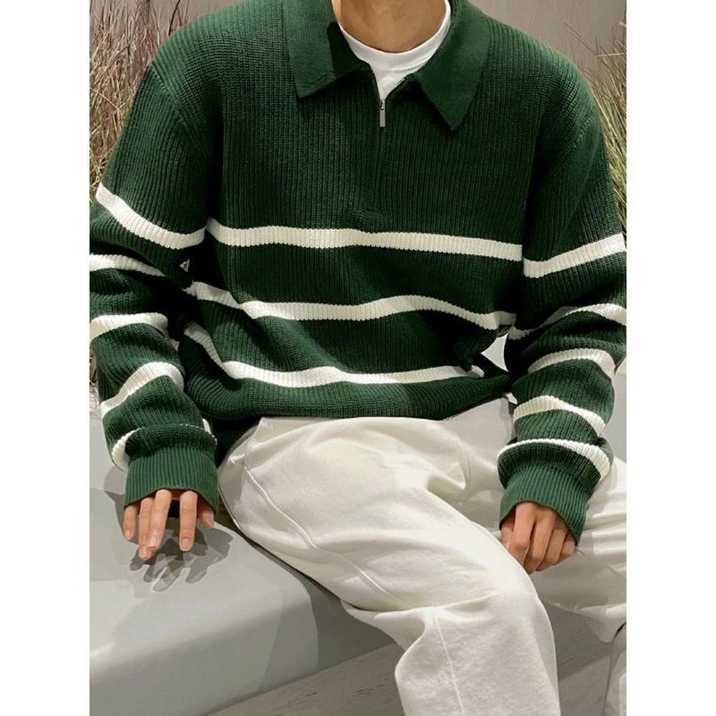 Men's Half-Zip Stripe Sweater - Thick Fleece Lined Knit, Oversized Collar, Relaxed Fit, Polyester Blend (Green/Black)_voghion.com