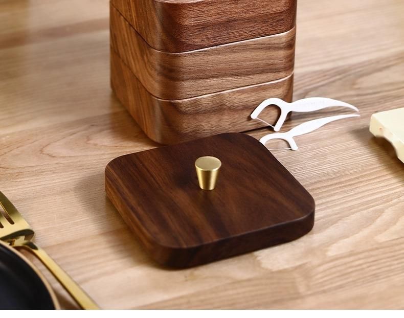 Boîte à fil dentaire en bois massif, boîte de rangement pour cure-dents en bois de noyer noir de style chinois avec couvercle, pour usage domestique_voghion.com