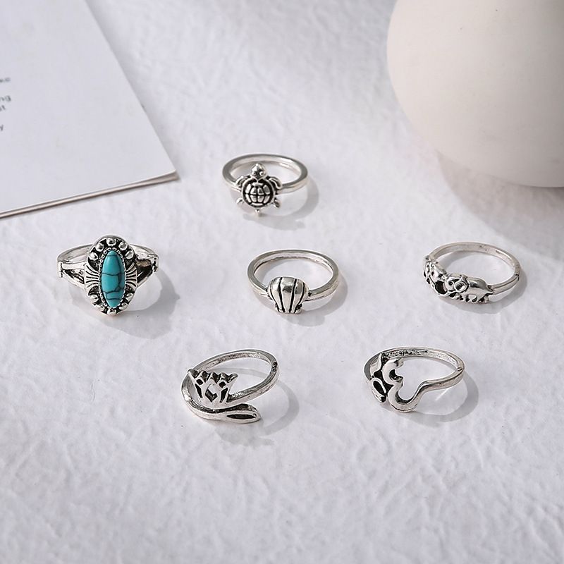 Crown Snake Turtle Elephant Geometric 6-piece Ring Set For Women_voghion.com