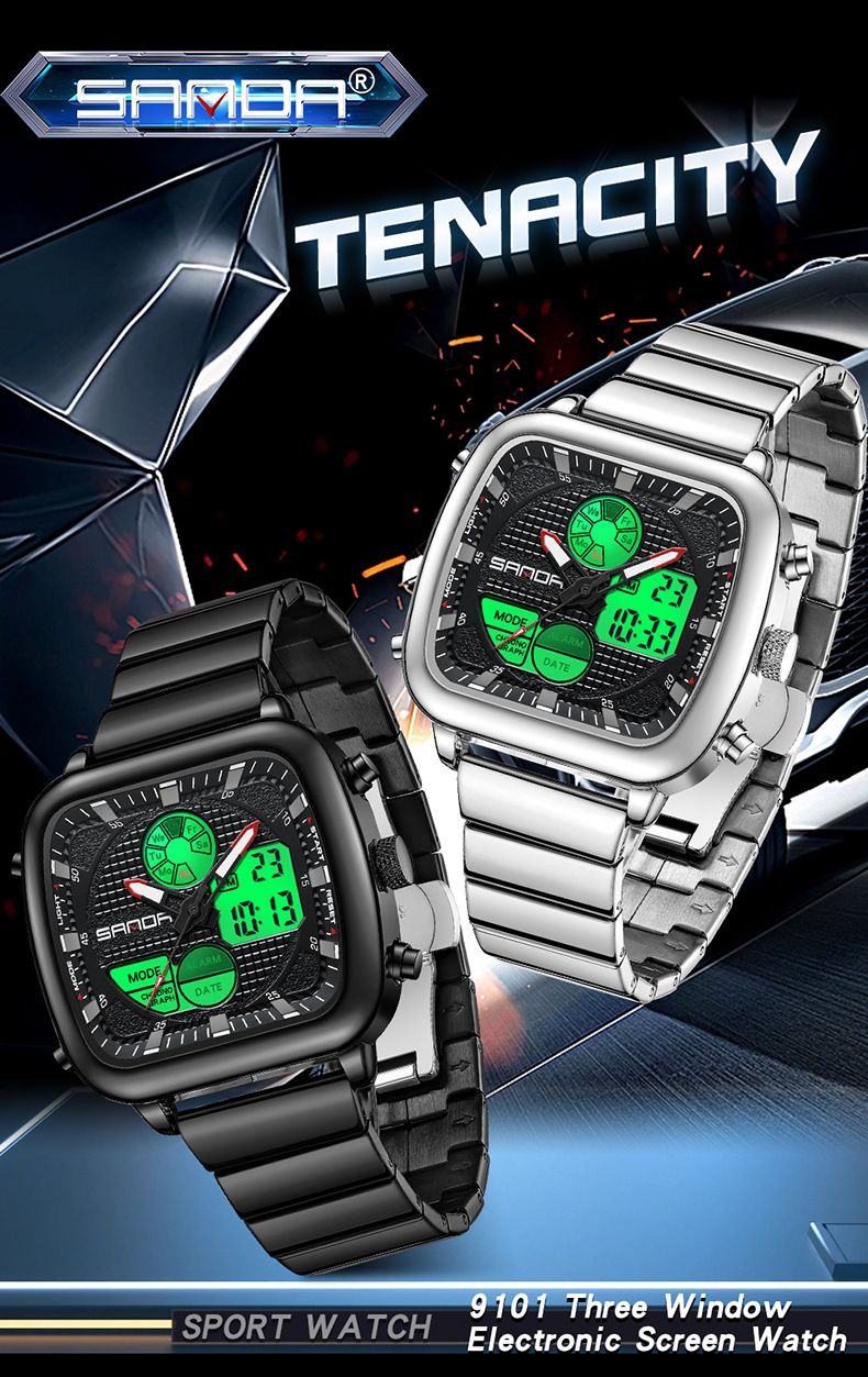 Digitaal analoog quartzhorloge voor heren met dubbel uurwerk, waterdicht, lichtgevend, roestvrijstalen band, alarm, stopwatch, dag-datumweergave_voghion.com