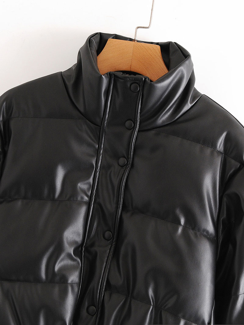 Zoki Vinter Tjocka Dam Korta Parkas Varma Mode PU Läderkappor Svart Bomull Vadderad Damjacka Elegant Dragkedja_voghion.com