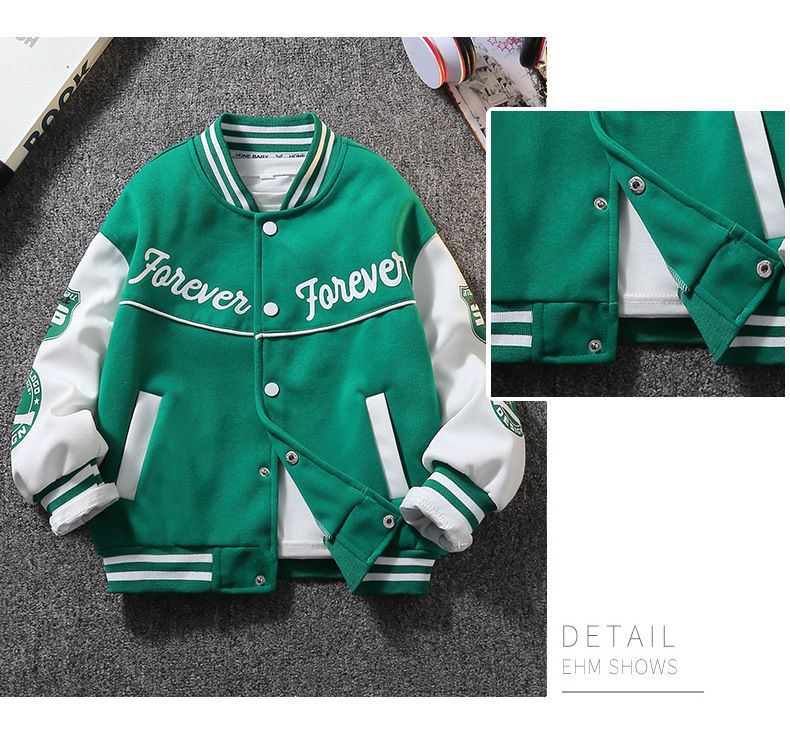Baseballjacke für Jungen von Mother & Kids für Frühling und Herbst – trendige und hochwertige Oberbekleidung für Kinder von 6–12 Jahren (Schwarz/Grün, Buchstabendruck)_voghion.com