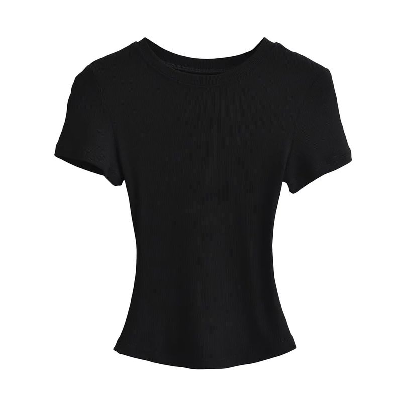 Maglietta estiva da donna sexy con scollo rotondo e maniche corte, tinta unita, con cuciture a vista_voghion.com