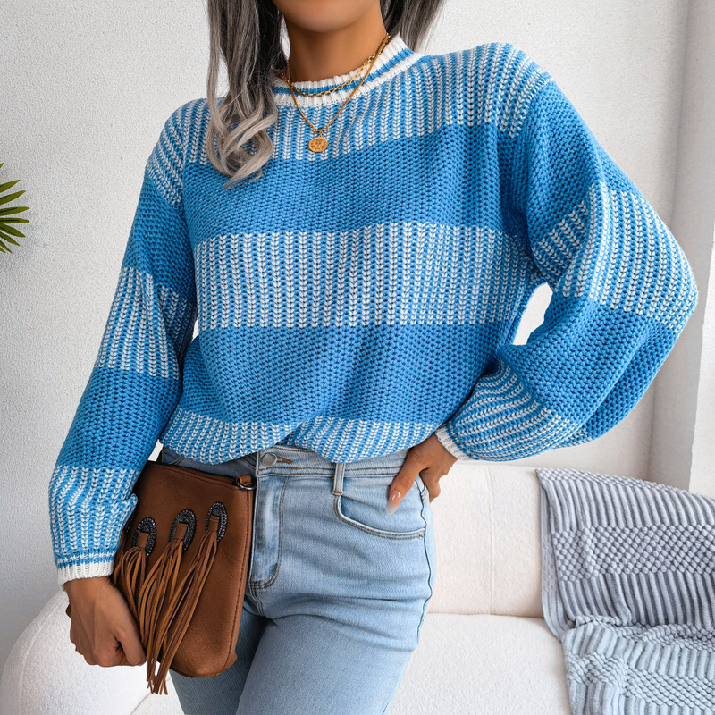 Abbigliamento da donna Net rosso stile vero colpo autunno e inverno casual contrasto di colore a righe maglione lavorato a maglia a maniche lunghe abbigliamento da donna_voghion.com