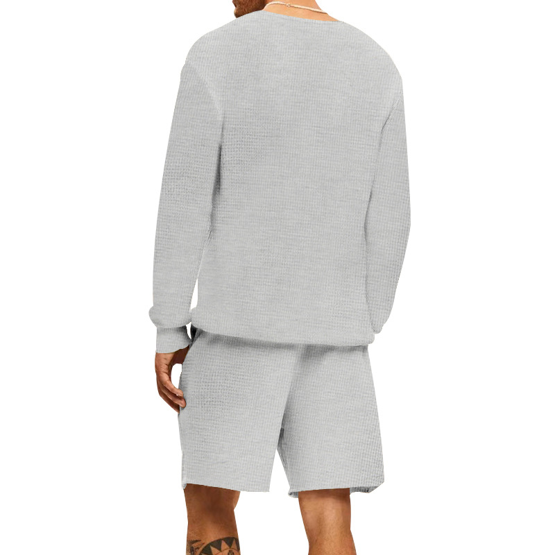 Waffle T-shirt Summer Men's Casual Sports Long Sleeve Shorts Two Piece Set for Men_voghion.com