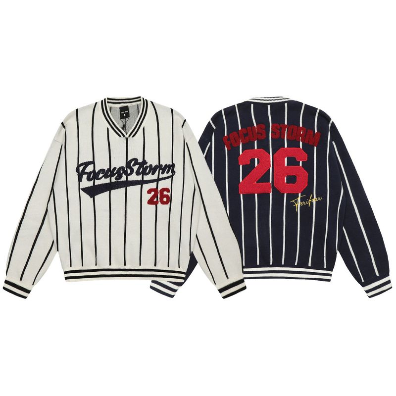 American Trendy Brand Flocking Embroidery Contrast Color Vertical Stripes V-Neck Men's Loose Lazy Sports Style Knitted_voghion.com