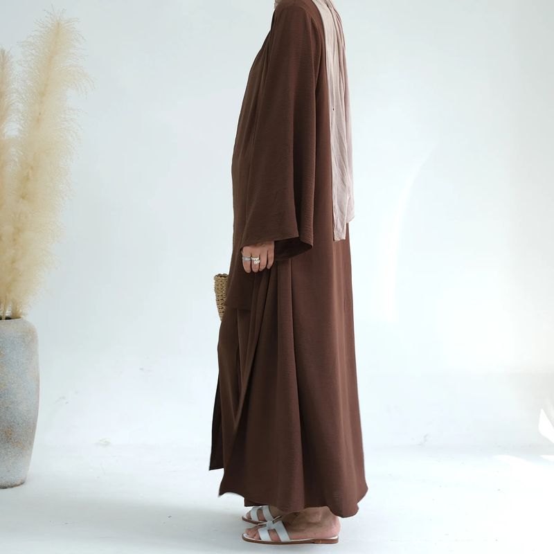 Schlichtes 3-teiliges Abaya-Set – Langärmlige Strickjacke mit offener Vorderseite, Hose mit weitem Bein und Unterkleid (Dunkelbraun/Beige/Marineblau/Schwarz/Grün/Pink)_voghion.com