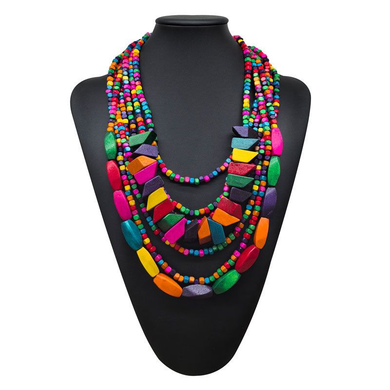 Nuova collana esagerata di perline di legno colorate irregolari bohémien, gioielli di moda unici e di grande vendita_voghion.com