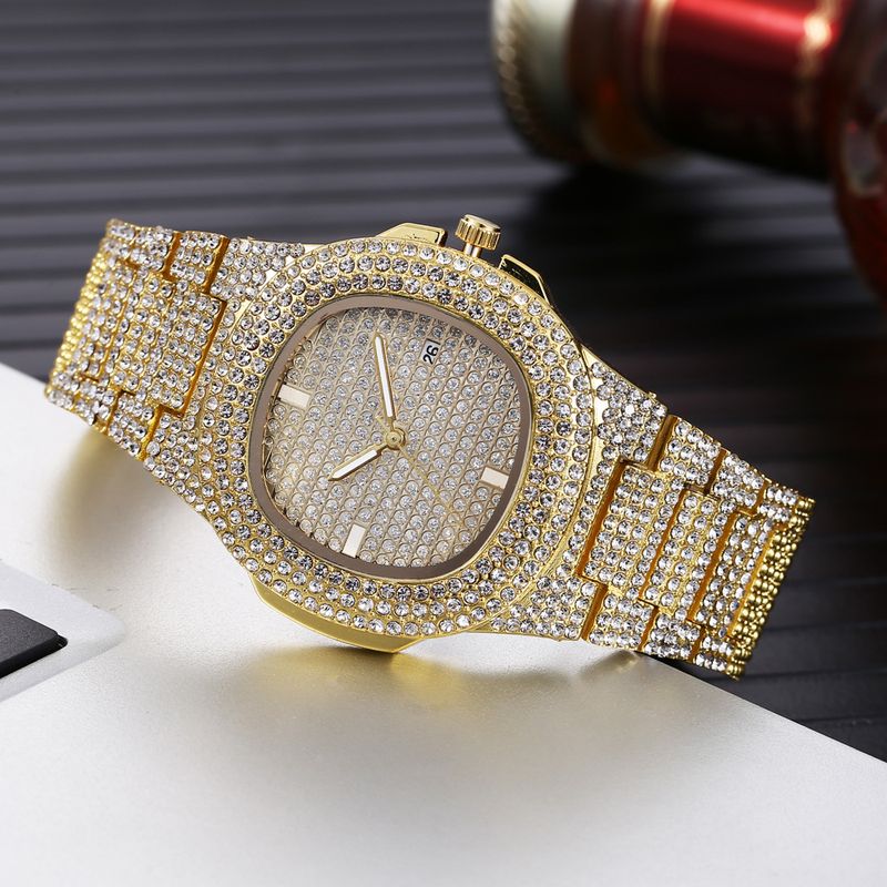 2pcs/set watch bracelet set hip hop style large dial diamond steel watch + full diamond bracelet_voghion.com