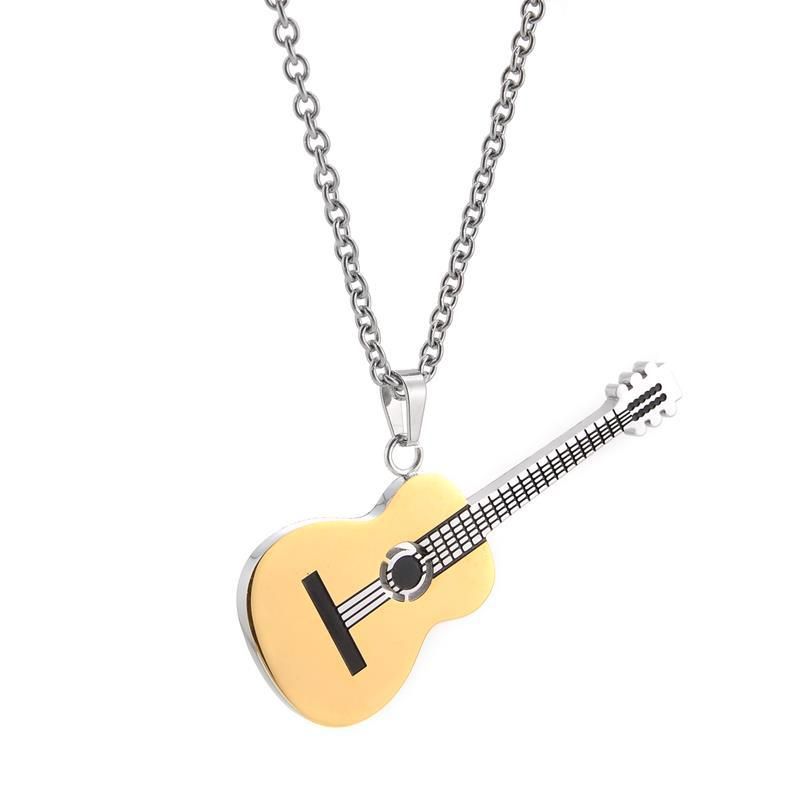 Collar con colgante de guitarra de acero de titanio europeo y americano para hombres y mujeres, estilo hip-hop, chapado en oro._voghion.com