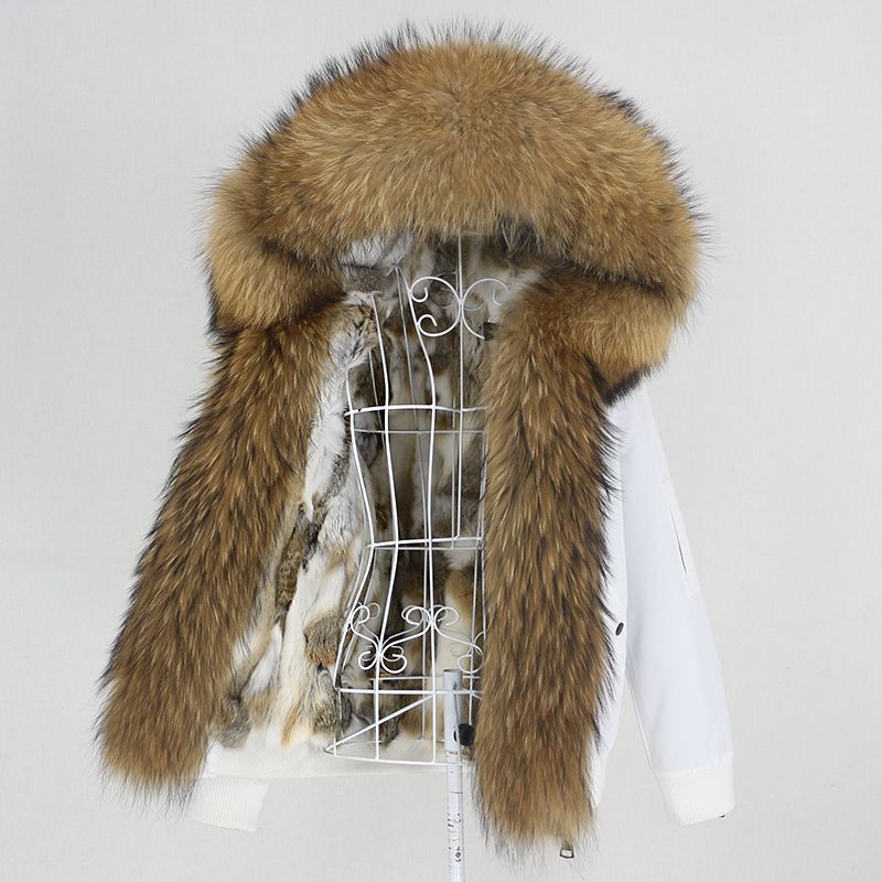 Damenbekleidung Parka im neuen Stil mit dickem Kaninchenfellfutter, abnehmbarem echtem Fuchspelz, großer Pelzkragenjacke, Pelzmantel_voghion.com