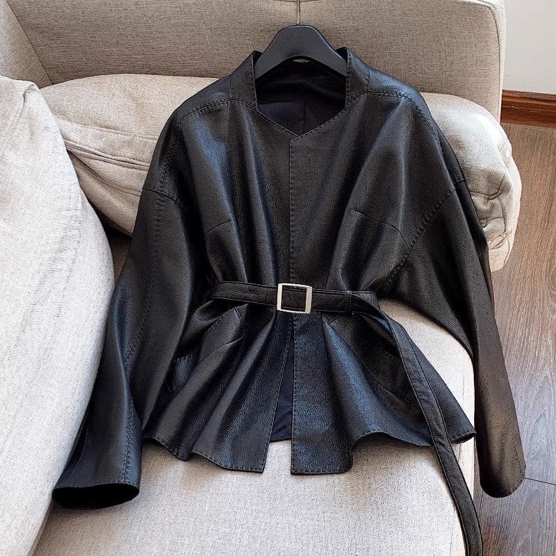 Women's Clothing retro leather jacket short fashion spring and autumn leather jacket small size slim and stylish Outerwear_voghion.com