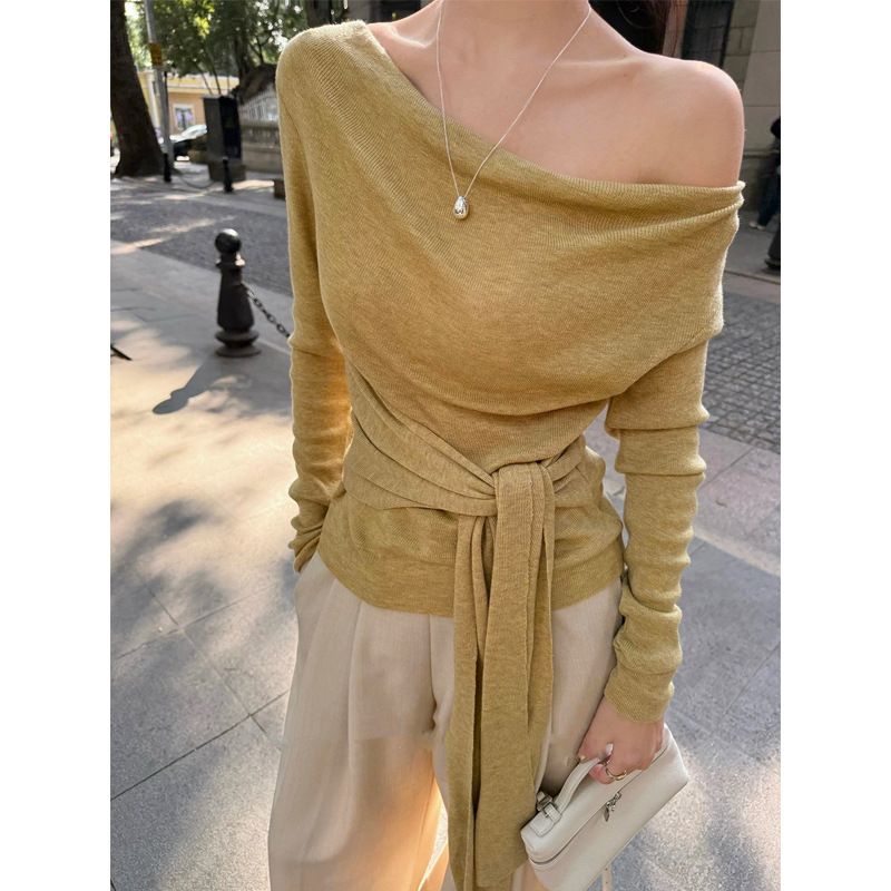 Maglione lavorato a maglia grigio in stile francese per ragazza, autunno inverno, collo asimmetrico irregolare con spalle cadenti, interno ed esterno, maglietta di base_voghion.com