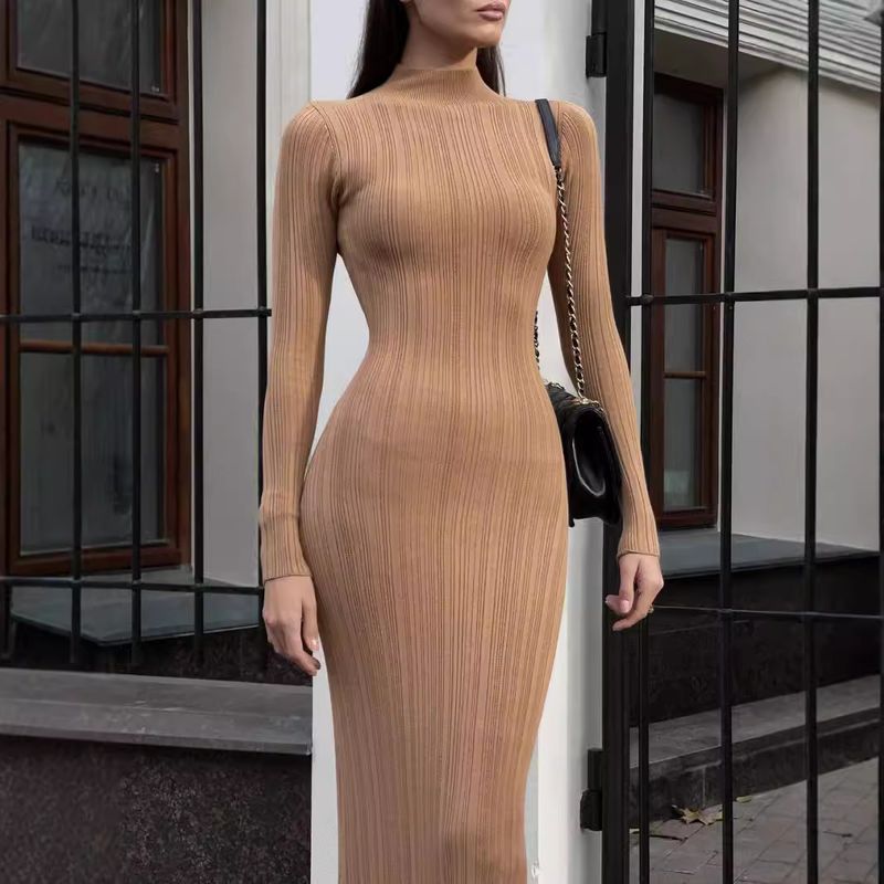 Women Elegant Long Sleeve Knitted Maxi Dress High Neck Bottoming Striped Sweater Slim Long Dress Bodycon Party Club Streetwear_voghion.com