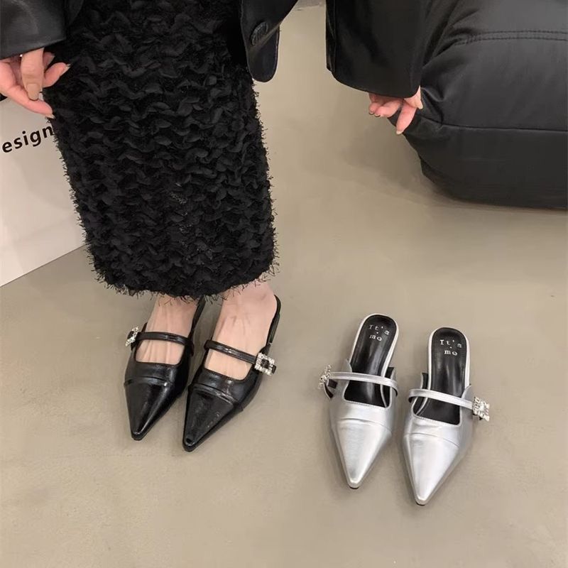 Chunky Heel Closed-Toe Mules For Women, Spring/Summer 2025 New Slip-On Pointed Toe Mary Jane Silver Single Shoes_voghion.com