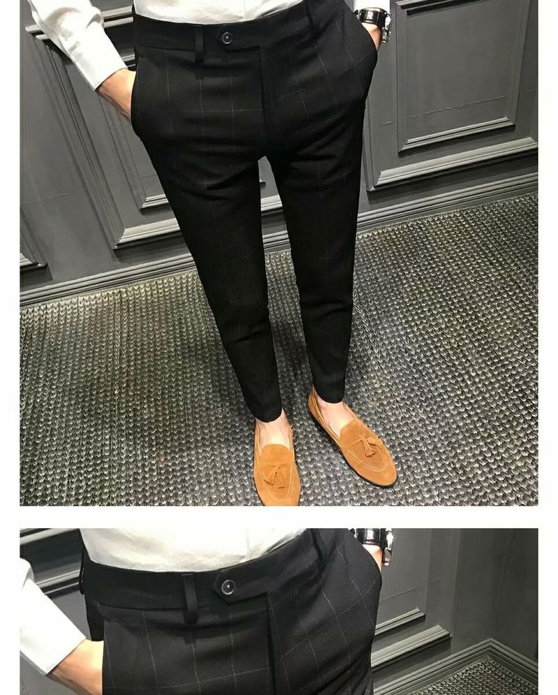 Herrenbekleidung Frühlingskarierte Freizeithose für Herren Slim Fit Skinny Hose Neun-Punkt-Hose Herrenhose Trendy Anzughose_voghion.com