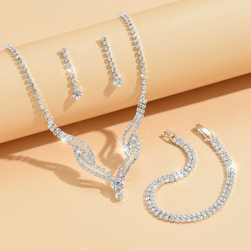 Festlicher Schmuck Braut Hochzeit voller Diamant Ohrringe Halskette Abendessen Schmuck Zubehör Strass Halskette 3 Sätze_voghion.com