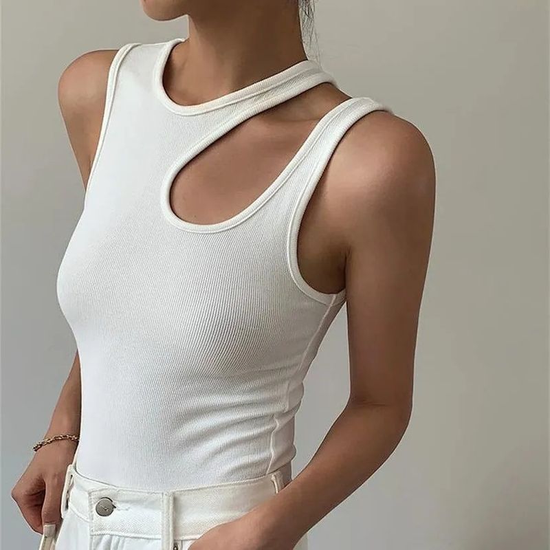 Women's Clothing Street Fashion Style Round Neck Side Irregular Hollow Design Women's Solid Color Slim Small Back_voghion.com