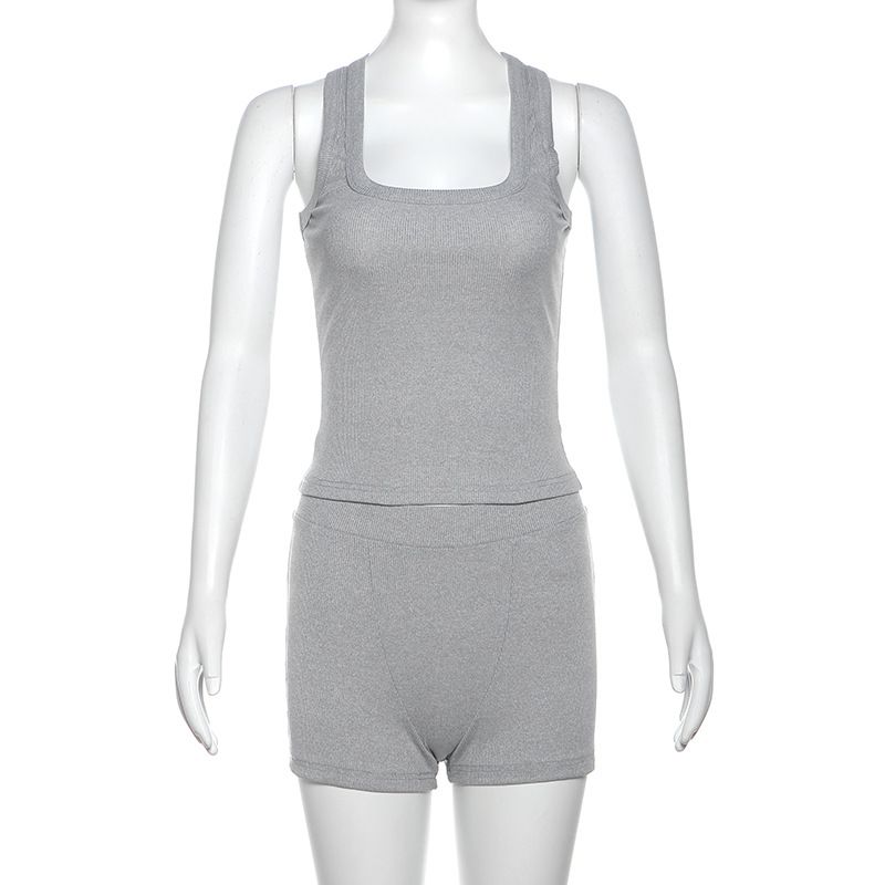 Damenbekleidung Herbstmode Lässig Rundhals Einfarbig Slim Fit I-förmige Weste Hohe Taille Shorts Anzug_voghion.com