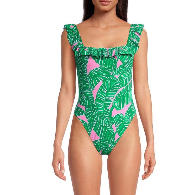 Grün bedruckter Badeanzug mit Rüschen für Damen – Blumenmuster_voghion.com