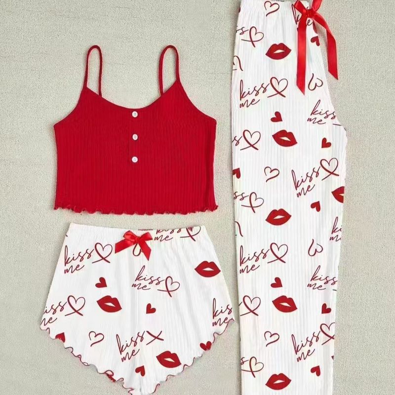 Hot-Selling Homewear Heart Print Pajamas Camisole Shorts Pants Three-Piece Set_voghion.com