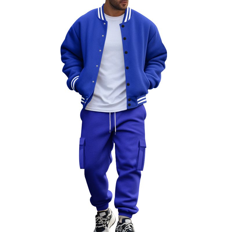 Autumn Winter American Style Stand Collar Baseball Jacket With Fleece Lined Pants Loose Fit Men's Sports Suit_voghion.com