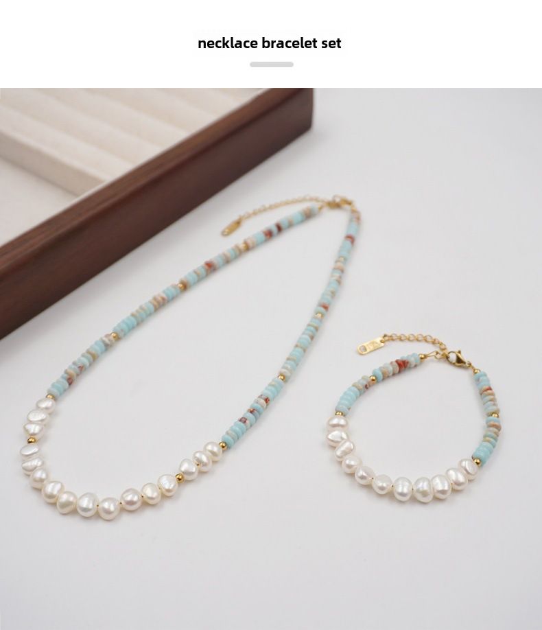 Perlenkette Farbe Nischendesign Frühling und Sommer Maillard Perlen Schlüsselbeinkette Süßwasserperlen Halskette Armband Anzug_voghion.com